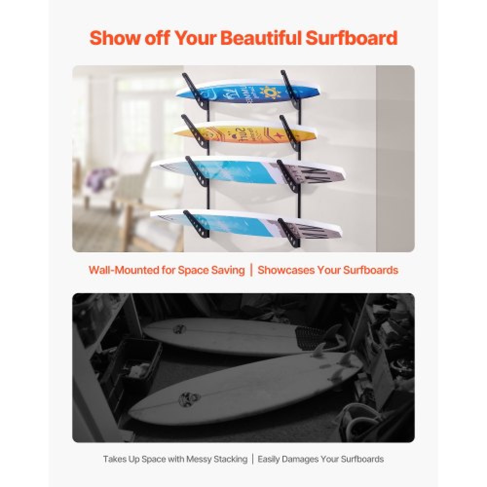 Βάση τοίχου VEVOR Surfboard, Οριζόντια σχάρα σανίδας 4 επιπέδων για αποθήκευση και οθόνη, ρυθμιζόμενο ύψος μεταλλική βάση στήριξης, θήκη Surf για Snowboard, Kiteboard, Shortboard, Σκι