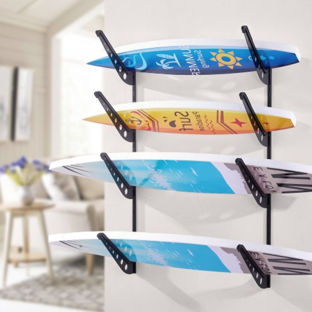 Βάση τοίχου VEVOR Surfboard, Οριζόντια σχάρα σανίδας 4 επιπέδων για αποθήκευση και οθόνη, ρυθμιζόμενο ύψος μεταλλική βάση στήριξης, θήκη Surf για Snowboard, Kiteboard, Shortboard, Σκι