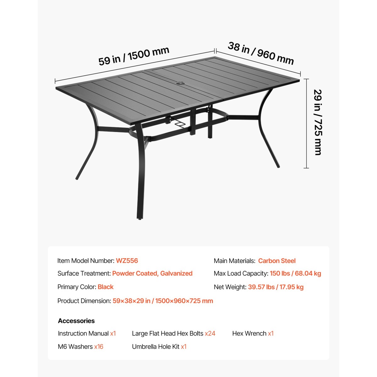 Τραπεζαρία Εξωτερικού Αίθριου VEVOR, Τραπέζια Bistro Backyard Backyard, μήκους 150cm, ορθογώνια μεταλλική πλάκα από ατσάλι για 4-6, με τρύπα ομπρέλας 38mm, μεγάλα έπιπλα παντός καιρού για βεράντα κήπου με γκαζόν, μαύρο