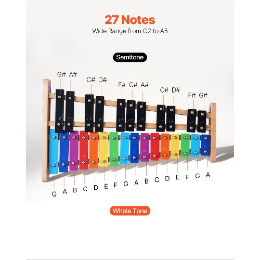 Ξυλόφωνο VEVOR Glockenspiel, 27 νότες, Επαγγελματικό όργανο κρουστών ξυλόφωνου, με πολύχρωμα μεταλλικά πλήκτρα, Περιλαμβάνει 4 σφυρί, τσάντα μεταφοράς, κιτ μουσικών οργάνων για αρχάριους για ενήλικες και παιδιά