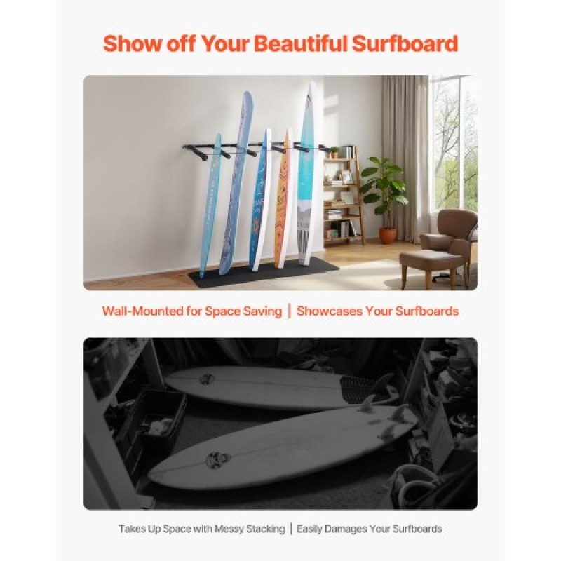 Βάση τοίχου VEVOR Surfboard, 5 επιπέδων κάθετη σχάρα για αποθήκευση και οθόνη, ρυθμιζόμενη μεταλλική βάση στήριξης με σφουγγάρι, θήκη για σανίδα σερφ για Snowboard, Kiteboard, Shortboard