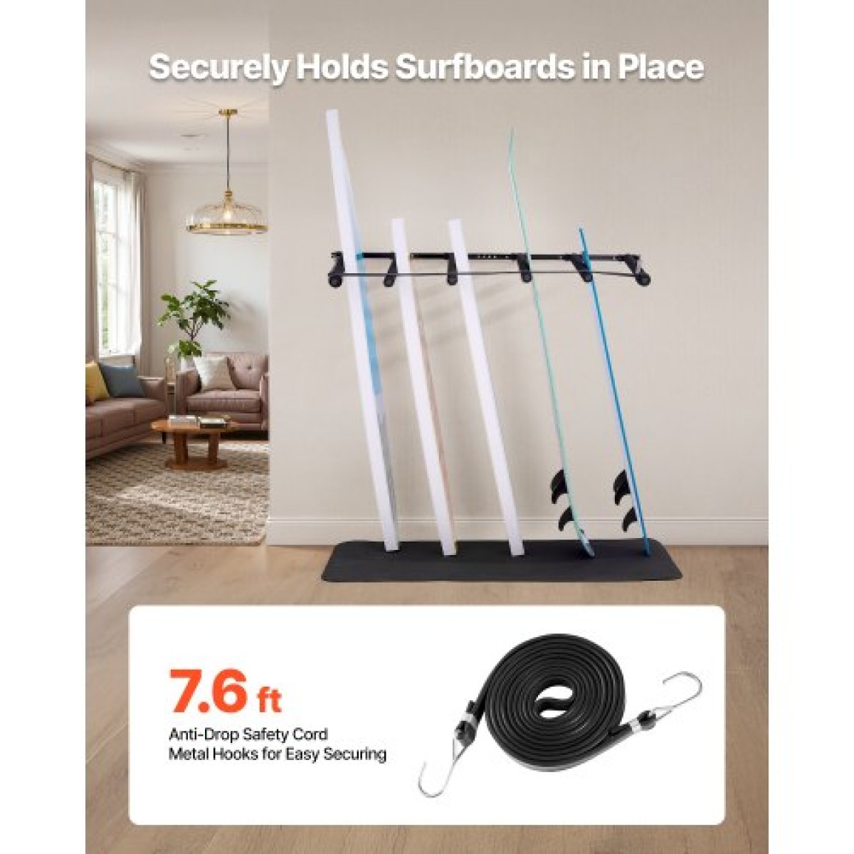 Βάση τοίχου VEVOR Surfboard, 5 επιπέδων κάθετη σχάρα για αποθήκευση και οθόνη, ρυθμιζόμενη μεταλλική βάση στήριξης με σφουγγάρι, θήκη για σανίδα σερφ για Snowboard, Kiteboard, Shortboard