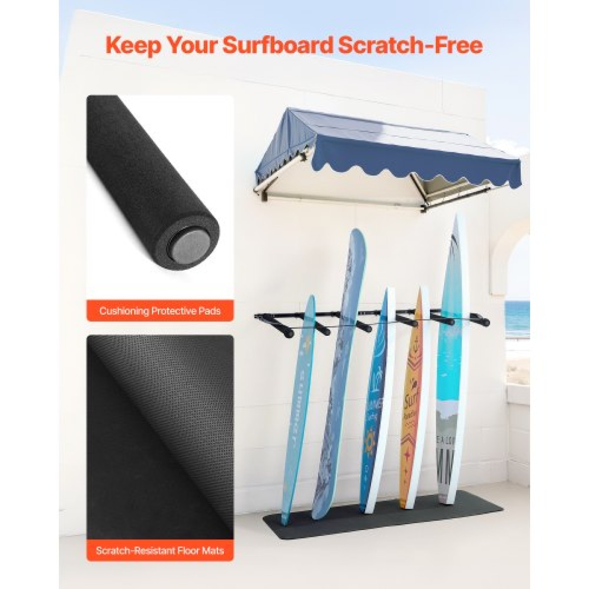 Βάση τοίχου VEVOR Surfboard, 5 επιπέδων κάθετη σχάρα για αποθήκευση και οθόνη, ρυθμιζόμενη μεταλλική βάση στήριξης με σφουγγάρι, θήκη για σανίδα σερφ για Snowboard, Kiteboard, Shortboard