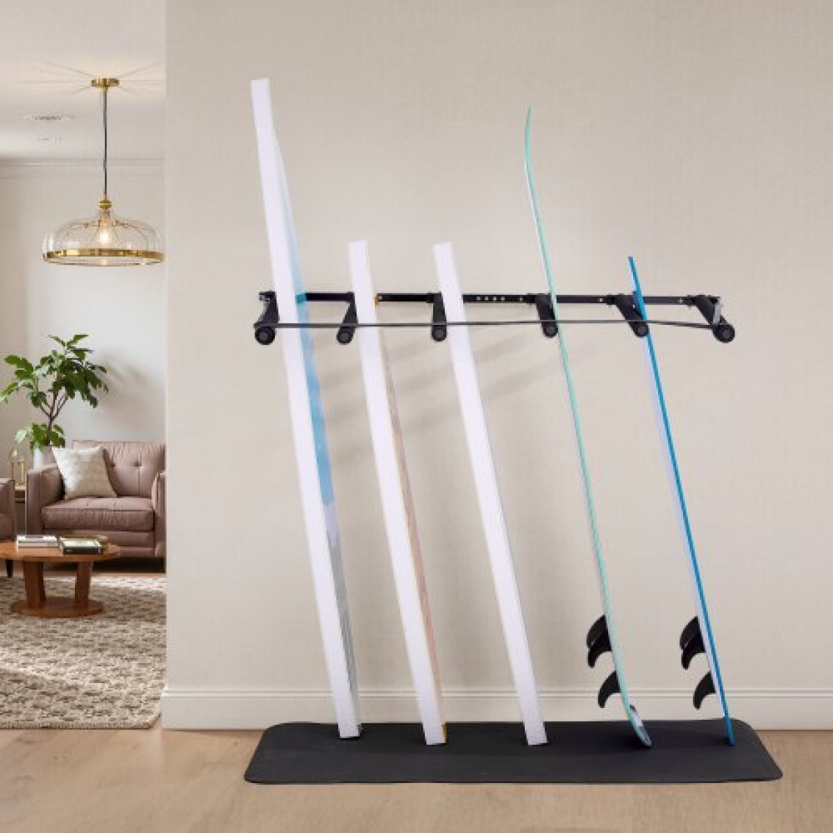 Βάση τοίχου VEVOR Surfboard, 5 επιπέδων κάθετη σχάρα για αποθήκευση και οθόνη, ρυθμιζόμενη μεταλλική βάση στήριξης με σφουγγάρι, θήκη για σανίδα σερφ για Snowboard, Kiteboard, Shortboard