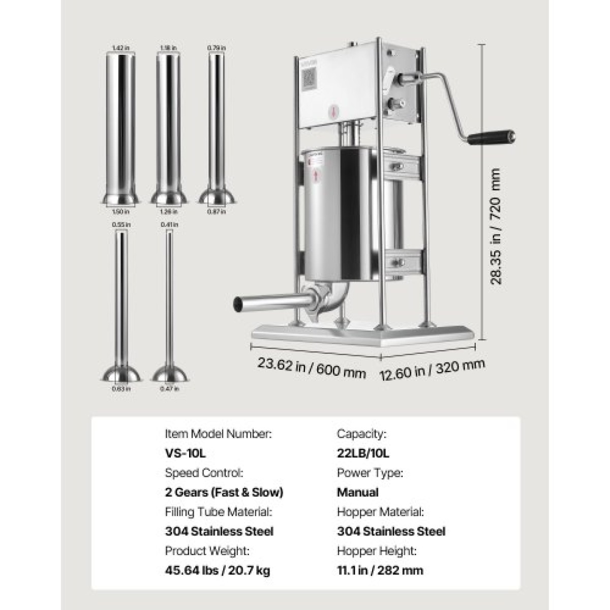 VEVOR Manual Sausage Stuffer, 22 LBS / 10 L Vertical Meat Stuffer, Dual-Speed ​​Sausage Stuffer Meat filler, Inox Heavy Duty filler with 5 Stuffing Tube, για Εμπορική & οικιακή χρήση