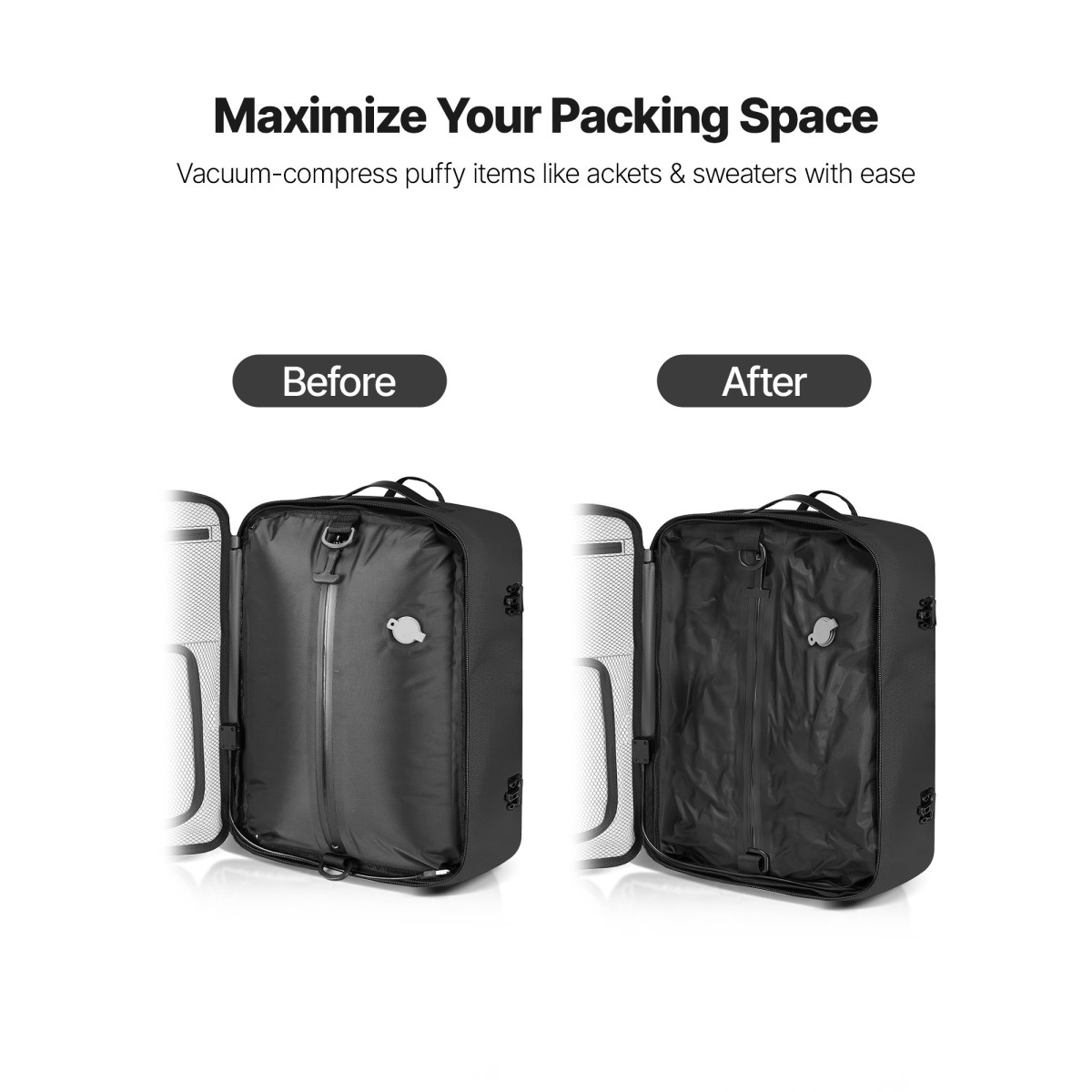VEVOR Vacuum Travel Backpack, 35L, Vacuum Seal Compression Backpack με αντλία αέρα, Πολλαπλές τσέπες & θήκες, Αδιάβροχη χειραποσκευή βαλίτσας, Casual τσάντα προσωπικών αντικειμένων, Μαύρη