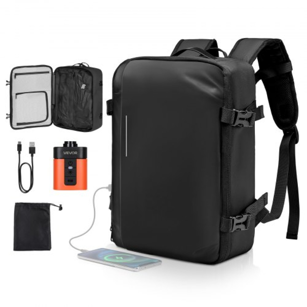 VEVOR Vacuum Travel Backpack, 35L, Vacuum Seal Compression Backpack με αντλία αέρα, Πολλαπλές τσέπες & θήκες, Αδιάβροχη χειραποσκευή βαλίτσας, Casual τσάντα προσωπικών αντικειμένων, Μαύρη