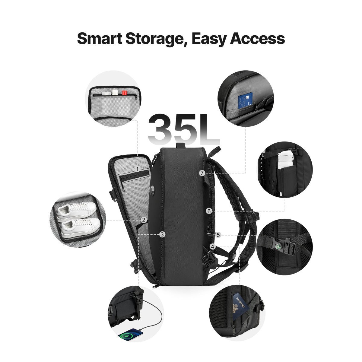 VEVOR Vacuum Travel Backpack, 35L, Vacuum Seal Compression Backpack με αντλία αέρα, Πολλαπλές τσέπες & θήκες, Αδιάβροχη χειραποσκευή βαλίτσας, Casual τσάντα προσωπικών αντικειμένων, Μαύρη