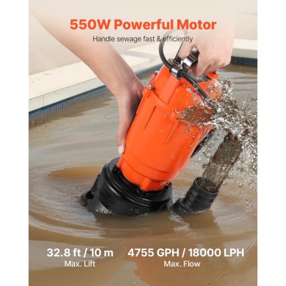 Υποβρύχια αντλία απορριμμάτων VEVOR 550W, 18000 L/H, Υποβρύχια αντλία αποχέτευσης από χυτοσίδηρο με 2 σε κατάθλιψη, 10M Max Lift, Αποστράγγιση βρώμικου καθαρού νερού, για πισίνες, κήπο, λίμνη, υπόγειο, πλημμυρισμένες περιοχές