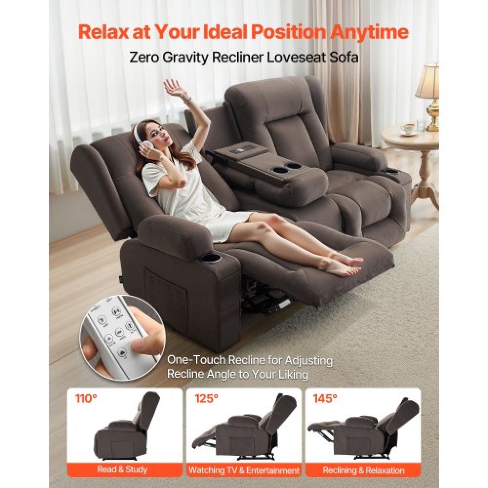 Ανακλινόμενος καναπές VEVOR Loveseat, Ηλεκτρικός ανακλινόμενος καναπές με θέρμανση & μασάζ, Ηλεκτρικός ανακλινόμενος καναπές σουέτ με κεντρική κονσόλα, θύρες USB, ποτηροθήκες & πλαϊνές τσάντες, διπλή καρέκλα Loveseat για σαλόνι