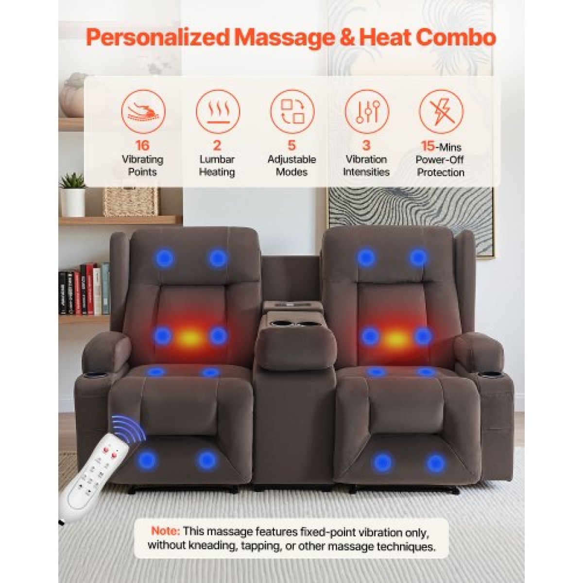 Ανακλινόμενος καναπές VEVOR Loveseat, Ηλεκτρικός ανακλινόμενος καναπές με θέρμανση & μασάζ, Ηλεκτρικός ανακλινόμενος καναπές σουέτ με κεντρική κονσόλα, θύρες USB, ποτηροθήκες & πλαϊνές τσάντες, διπλή καρέκλα Loveseat για σαλόνι