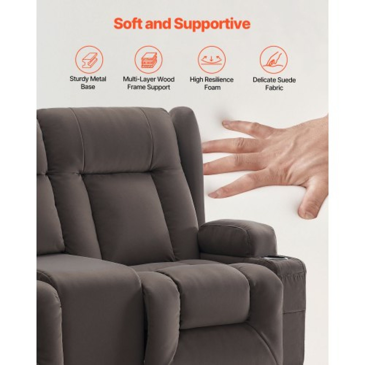 Ανακλινόμενος καναπές VEVOR Loveseat, Ηλεκτρικός ανακλινόμενος καναπές με θέρμανση & μασάζ, Ηλεκτρικός ανακλινόμενος καναπές σουέτ με κεντρική κονσόλα, θύρες USB, ποτηροθήκες & πλαϊνές τσάντες, διπλή καρέκλα Loveseat για σαλόνι