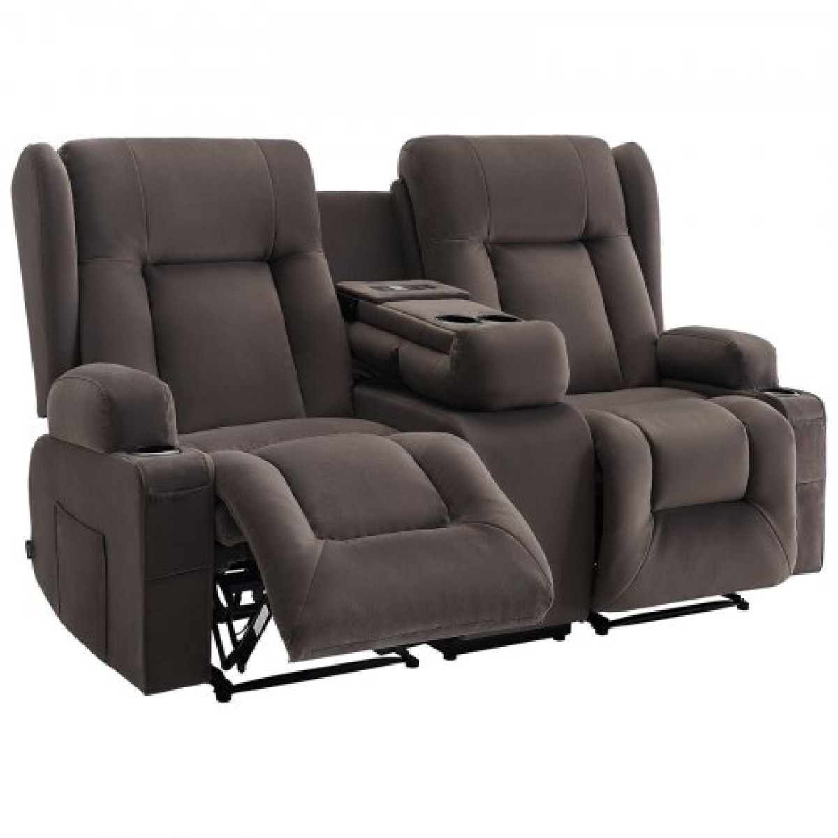 Ανακλινόμενος καναπές VEVOR Loveseat, Ηλεκτρικός ανακλινόμενος καναπές με θέρμανση & μασάζ, Ηλεκτρικός ανακλινόμενος καναπές σουέτ με κεντρική κονσόλα, θύρες USB, ποτηροθήκες & πλαϊνές τσάντες, διπλή καρέκλα Loveseat για σαλόνι