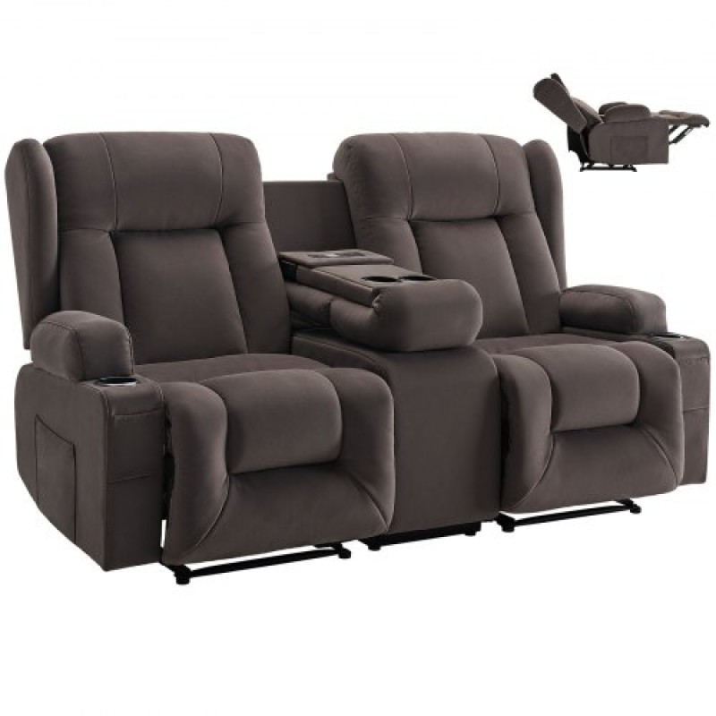Ανακλινόμενος καναπές VEVOR Loveseat, Ηλεκτρικός ανακλινόμενος καναπές με θέρμανση & μασάζ, Ηλεκτρικός ανακλινόμενος καναπές σουέτ με κεντρική κονσόλα, θύρες USB, ποτηροθήκες & πλαϊνές τσάντες, διπλή καρέκλα Loveseat για σαλόνι