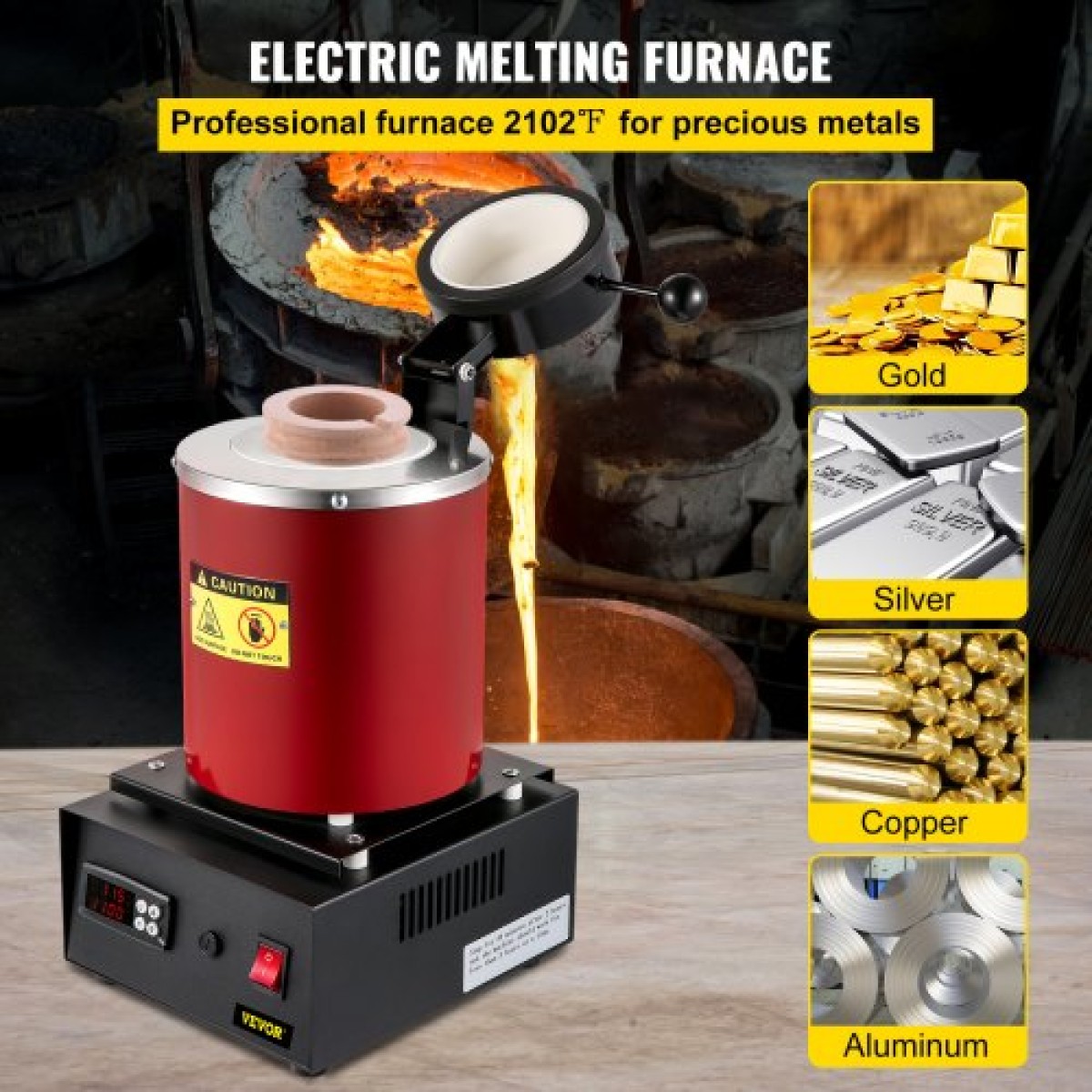 Κλίβανος τήξης χρυσού VEVOR, 1350W, μέγιστη θερμοκρασία 1150 ℃, ψηφιακός ηλεκτρικός φούρνος τήξης, με κεραμικό χωνευτήριο 3 kg, μήτρα πλινθωμάτων και γάντια, για επεξεργασία χρυσού, αργύρου, χαλκού, αλουμινίου