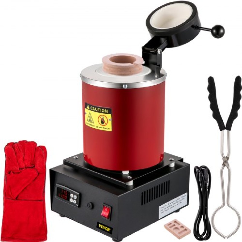 Κλίβανος τήξης χρυσού VEVOR, 1350W, μέγιστη θερμοκρασία 1150 ℃, ψηφιακός ηλεκτρικός φούρνος τήξης, με κεραμικό χωνευτήριο 3 kg, μήτρα πλινθωμάτων και γάντια, για επεξεργασία χρυσού, αργύρου, χαλκού, αλουμινίου