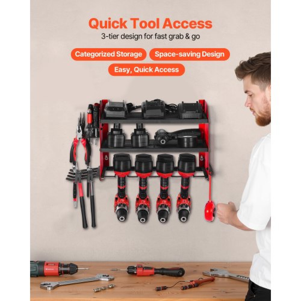 Βάση τοίχου VEVOR Power Tool Organizer, ράφι αποθήκευσης 3 επιπέδων με 4 θήκες τρυπανιού, θήκη εργαλείων και ράφι αποθήκευσης με πλαϊνά μανταλάκια, οργάνωση εργαλείων γκαράζ για γκαράζ, πάγκο εργασίας και εργαστήριο
