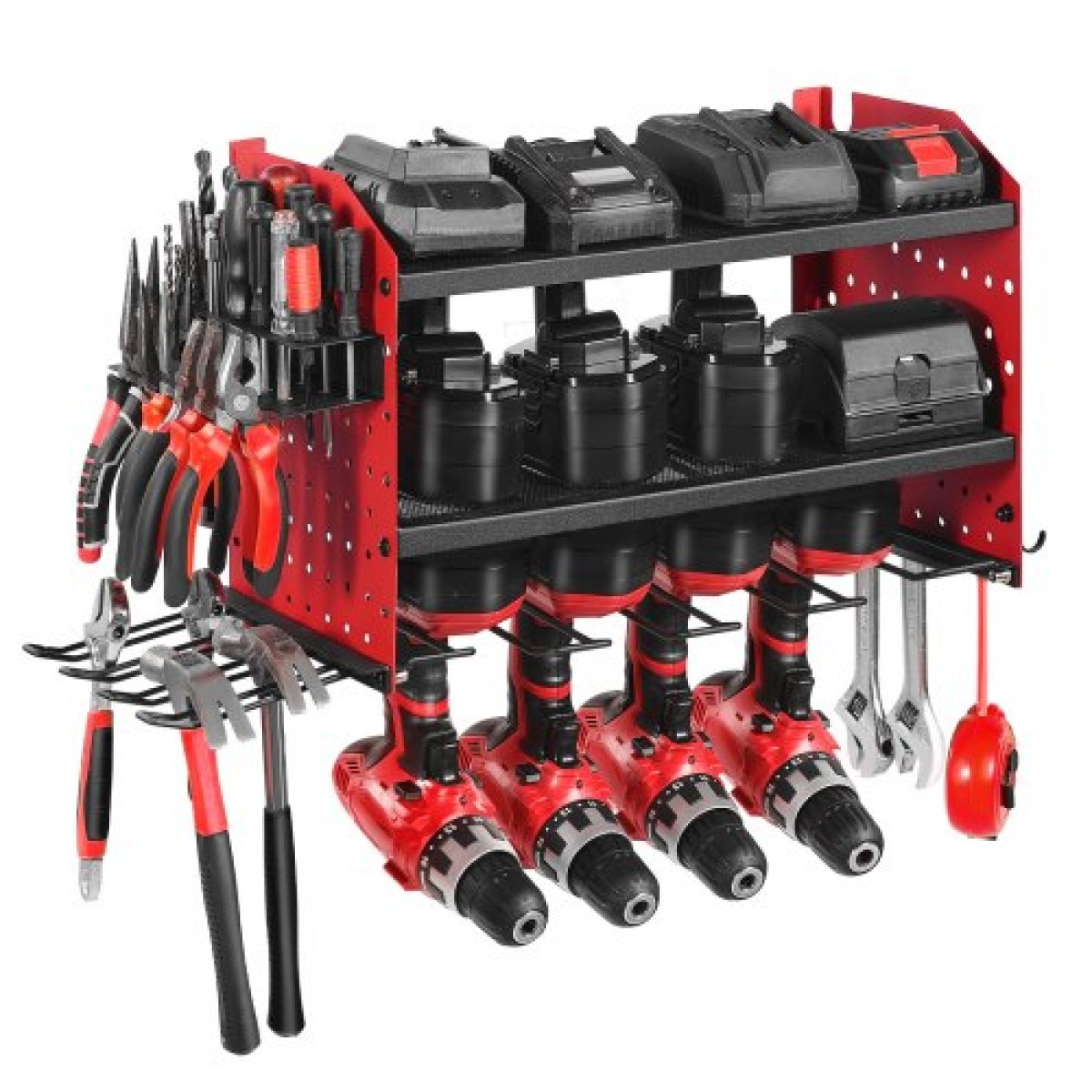 Βάση τοίχου VEVOR Power Tool Organizer, ράφι αποθήκευσης 3 επιπέδων με 4 θήκες τρυπανιού, θήκη εργαλείων και ράφι αποθήκευσης με πλαϊνά μανταλάκια, οργάνωση εργαλείων γκαράζ για γκαράζ, πάγκο εργασίας και εργαστήριο