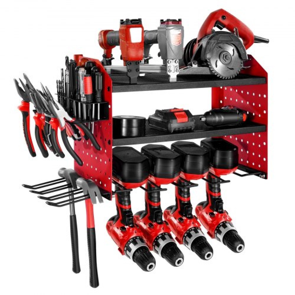 Βάση τοίχου VEVOR Power Tool Organizer, ράφι αποθήκευσης 3 επιπέδων με 4 θήκες τρυπανιού, θήκη εργαλείων και ράφι αποθήκευσης με πλαϊνά μανταλάκια, οργάνωση εργαλείων γκαράζ για γκαράζ, πάγκο εργασίας και εργαστήριο