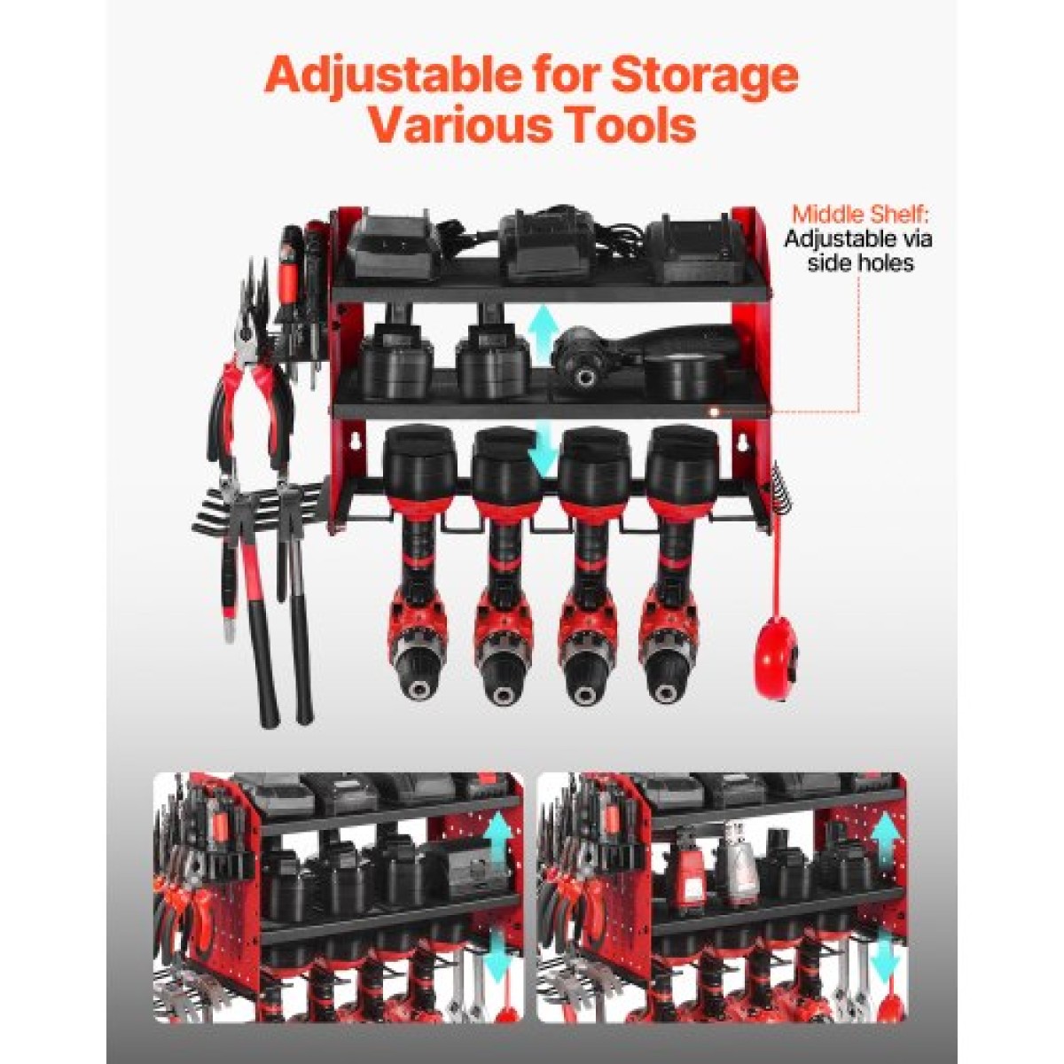 Βάση τοίχου VEVOR Power Tool Organizer, ράφι αποθήκευσης 3 επιπέδων με 4 θήκες τρυπανιού, θήκη εργαλείων και ράφι αποθήκευσης με πλαϊνά μανταλάκια, οργάνωση εργαλείων γκαράζ για γκαράζ, πάγκο εργασίας και εργαστήριο