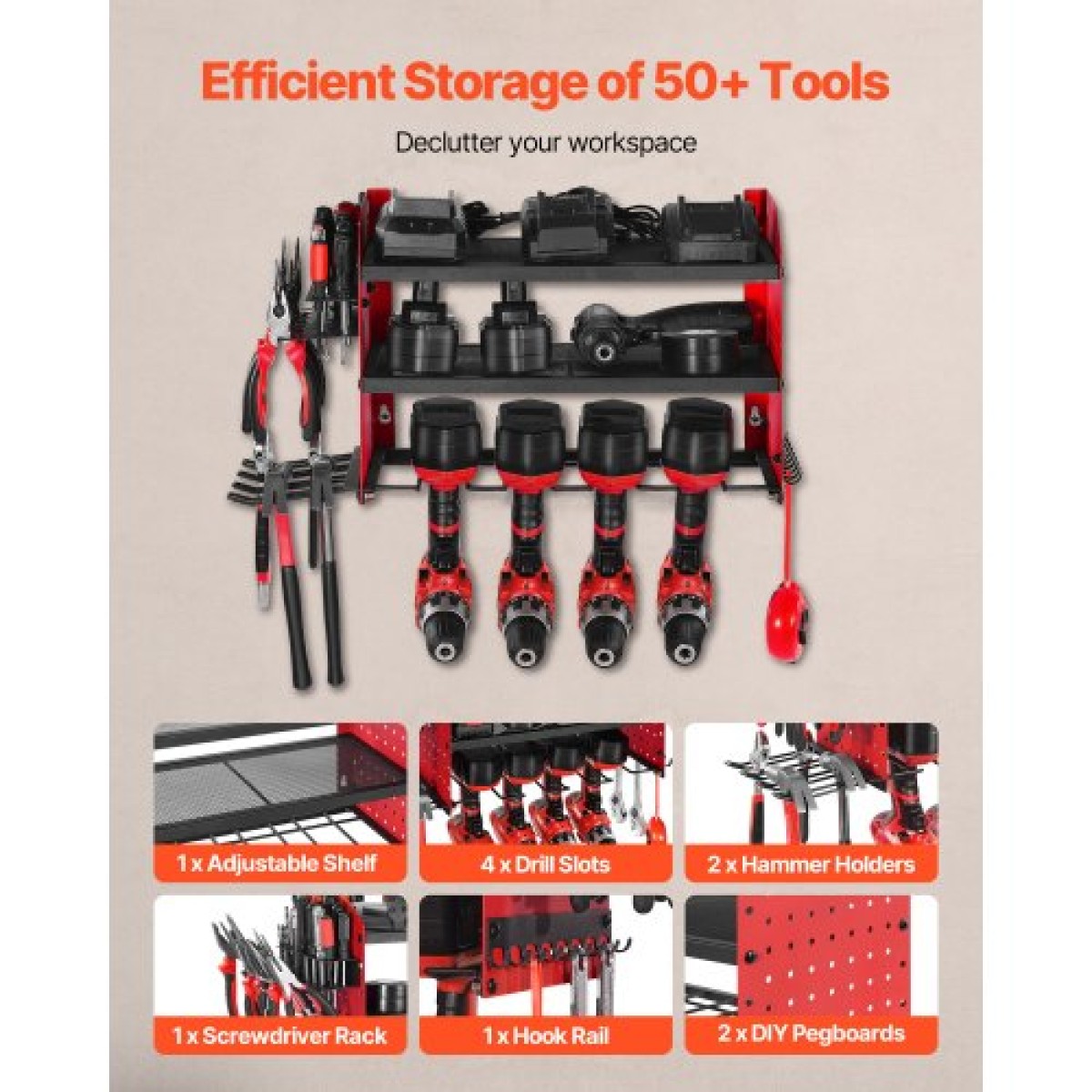 Βάση τοίχου VEVOR Power Tool Organizer, ράφι αποθήκευσης 3 επιπέδων με 4 θήκες τρυπανιού, θήκη εργαλείων και ράφι αποθήκευσης με πλαϊνά μανταλάκια, οργάνωση εργαλείων γκαράζ για γκαράζ, πάγκο εργασίας και εργαστήριο