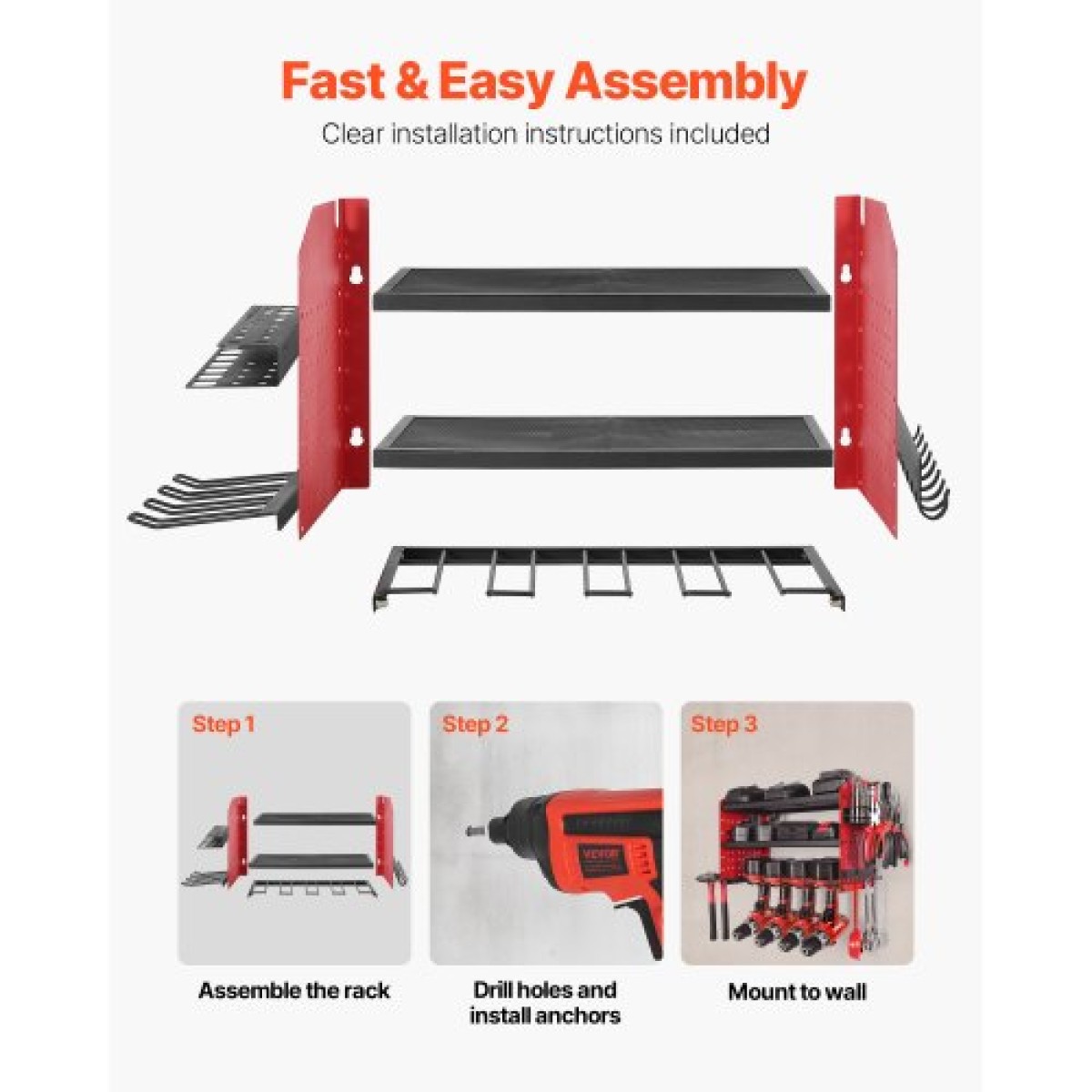 Βάση τοίχου VEVOR Power Tool Organizer, ράφι αποθήκευσης 3 επιπέδων με 4 θήκες τρυπανιού, θήκη εργαλείων και ράφι αποθήκευσης με πλαϊνά μανταλάκια, οργάνωση εργαλείων γκαράζ για γκαράζ, πάγκο εργασίας και εργαστήριο