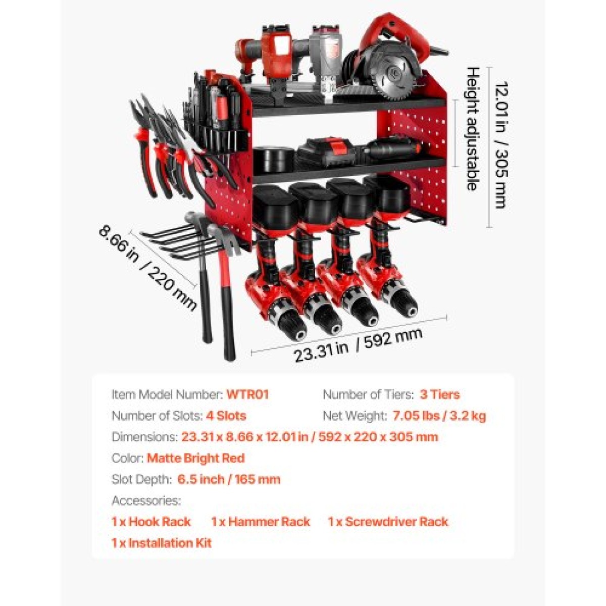 Βάση τοίχου VEVOR Power Tool Organizer, ράφι αποθήκευσης 3 επιπέδων με 4 θήκες τρυπανιού, θήκη εργαλείων και ράφι αποθήκευσης με πλαϊνά μανταλάκια, οργάνωση εργαλείων γκαράζ για γκαράζ, πάγκο εργασίας και εργαστήριο