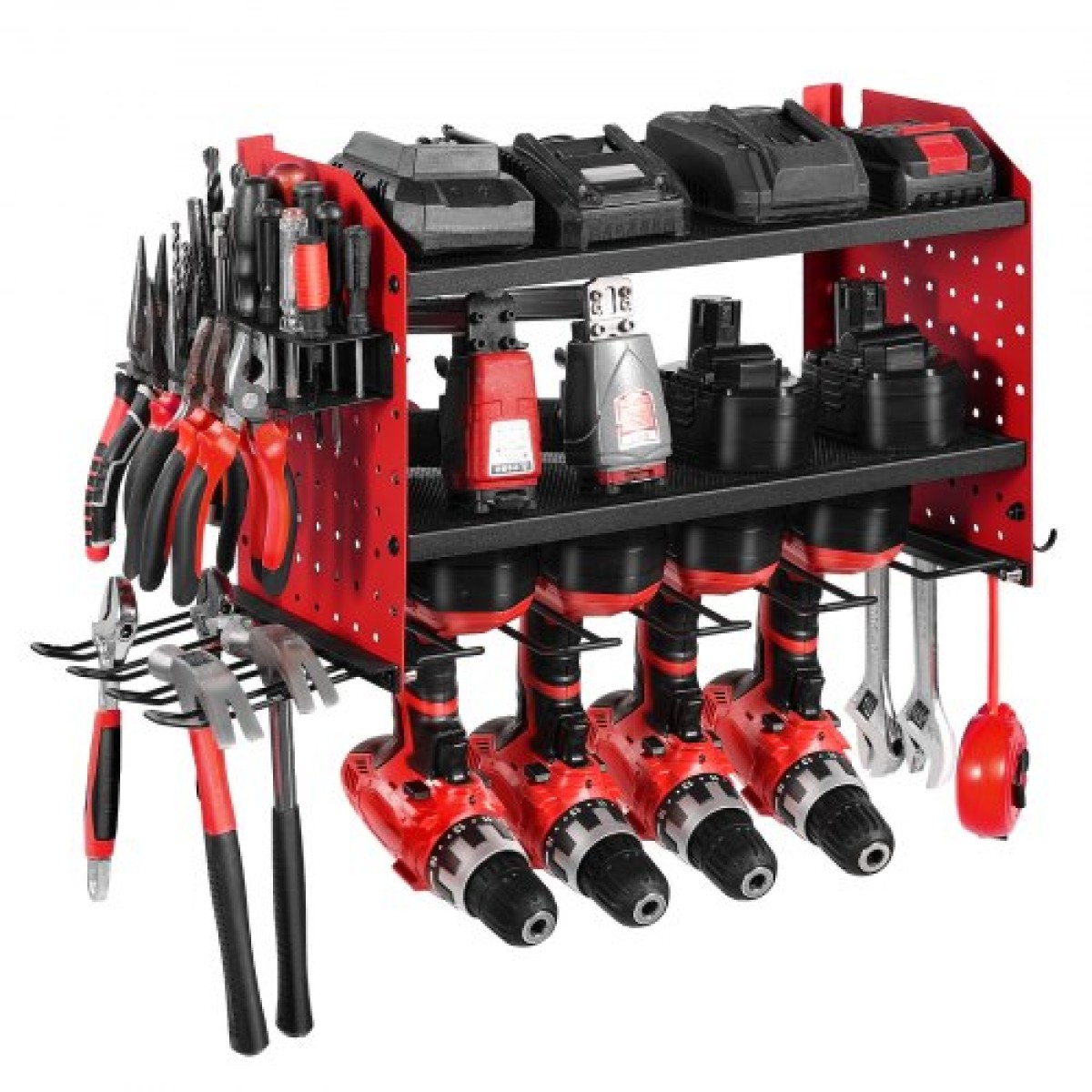 Βάση τοίχου VEVOR Power Tool Organizer, ράφι αποθήκευσης 3 επιπέδων με 4 θήκες τρυπανιού, θήκη εργαλείων και ράφι αποθήκευσης με πλαϊνά μανταλάκια, οργάνωση εργαλείων γκαράζ για γκαράζ, πάγκο εργασίας και εργαστήριο