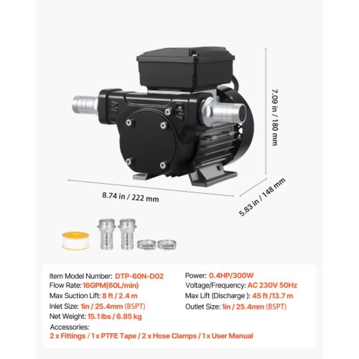 VEVOR Oil Transfer Pump 230V, 16 GPM 60 L/min, AC Electric Fuel Transfer Pump for Diesel Kerosene Biodiesel, 8 ft/2,4 m Max Suction Lift, 45 ft/13,7 m Max Lift, για Οχήματα, Εργοτάξια, Φάρμες