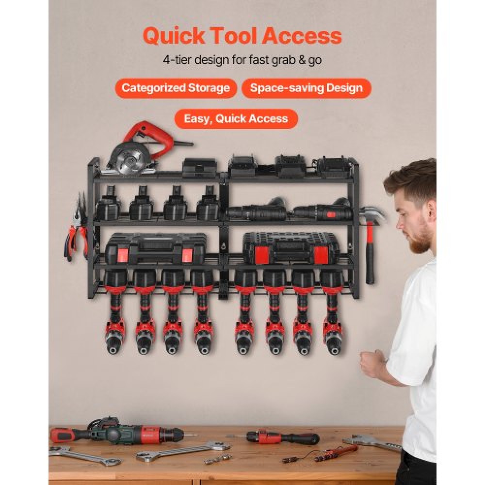 VEVOR Power Tool Organizer Βάση τοίχου, ράφι αποθήκευσης 4 επιπέδων με 8 θήκες για τρυπάνια, βάση εργαλείων και θήκη αποθήκευσης με κατσαβίδι, οργάνωση εργαλείων γκαράζ για γκαράζ, πάγκο εργασίας και εργαστήριο