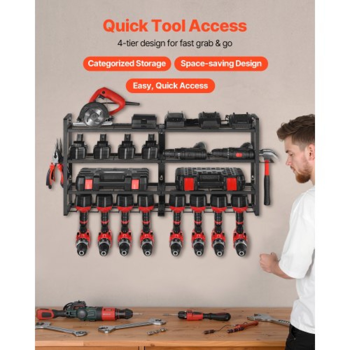 VEVOR Power Tool Organizer Βάση τοίχου, ράφι αποθήκευσης 4 επιπέδων με 8 θήκες για τρυπάνια, βάση εργαλείων και θήκη αποθήκευσης με κατσαβίδι, οργάνωση εργαλείων γκαράζ για γκαράζ, πάγκο εργασίας και εργαστήριο