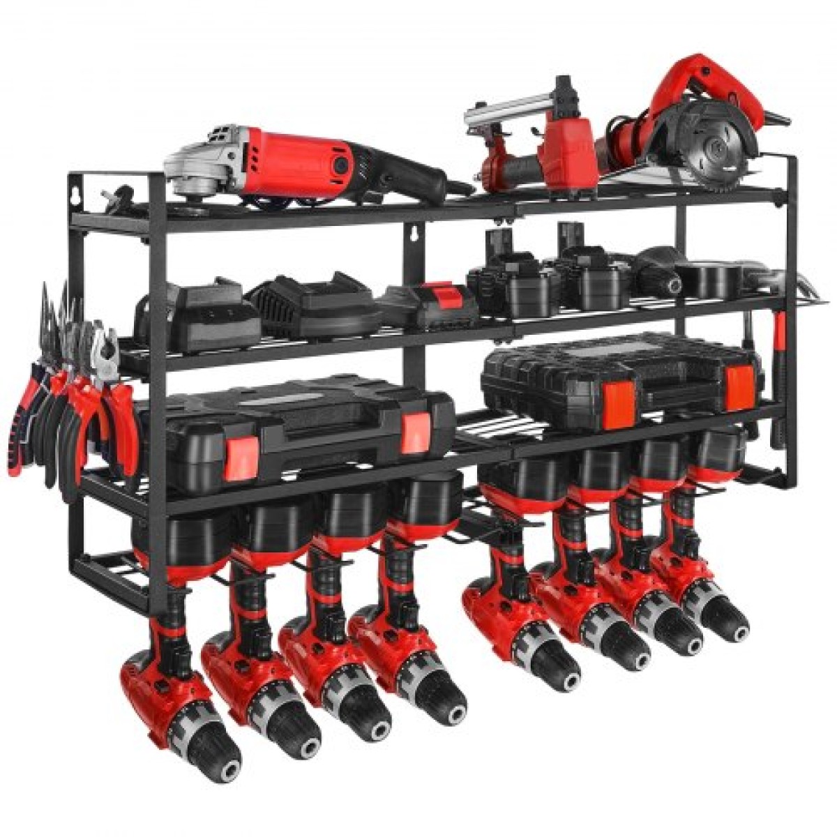 VEVOR Power Tool Organizer Βάση τοίχου, ράφι αποθήκευσης 4 επιπέδων με 8 θήκες για τρυπάνια, βάση εργαλείων και θήκη αποθήκευσης με κατσαβίδι, οργάνωση εργαλείων γκαράζ για γκαράζ, πάγκο εργασίας και εργαστήριο