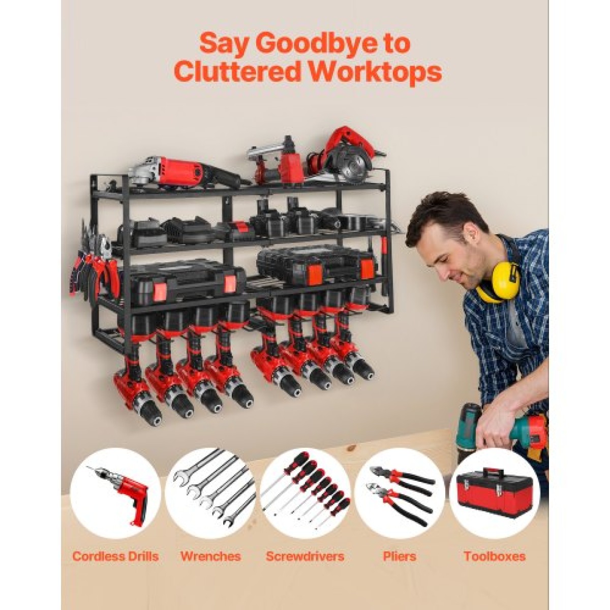 VEVOR Power Tool Organizer Βάση τοίχου, ράφι αποθήκευσης 4 επιπέδων με 8 θήκες για τρυπάνια, βάση εργαλείων και θήκη αποθήκευσης με κατσαβίδι, οργάνωση εργαλείων γκαράζ για γκαράζ, πάγκο εργασίας και εργαστήριο