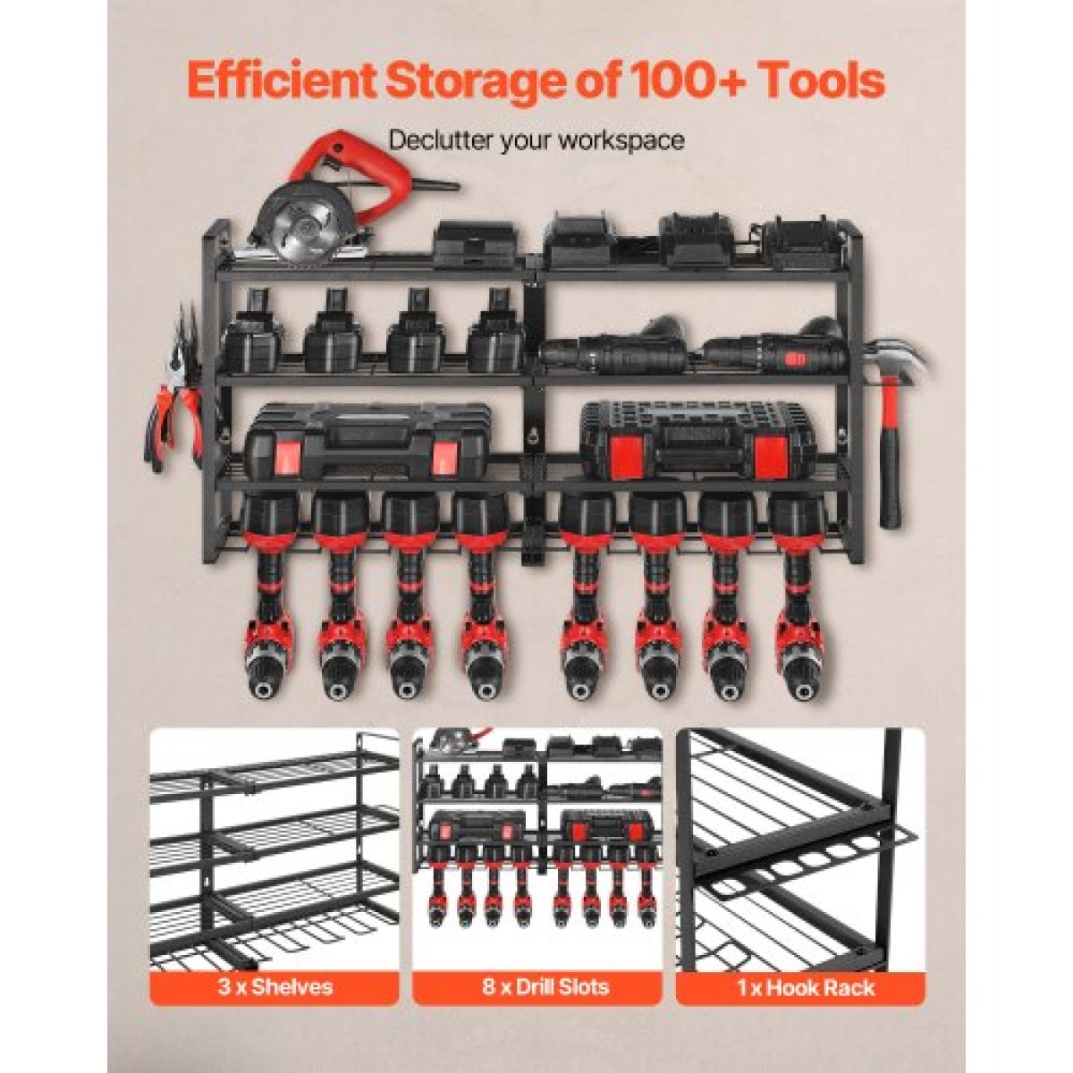 VEVOR Power Tool Organizer Βάση τοίχου, ράφι αποθήκευσης 4 επιπέδων με 8 θήκες για τρυπάνια, βάση εργαλείων και θήκη αποθήκευσης με κατσαβίδι, οργάνωση εργαλείων γκαράζ για γκαράζ, πάγκο εργασίας και εργαστήριο