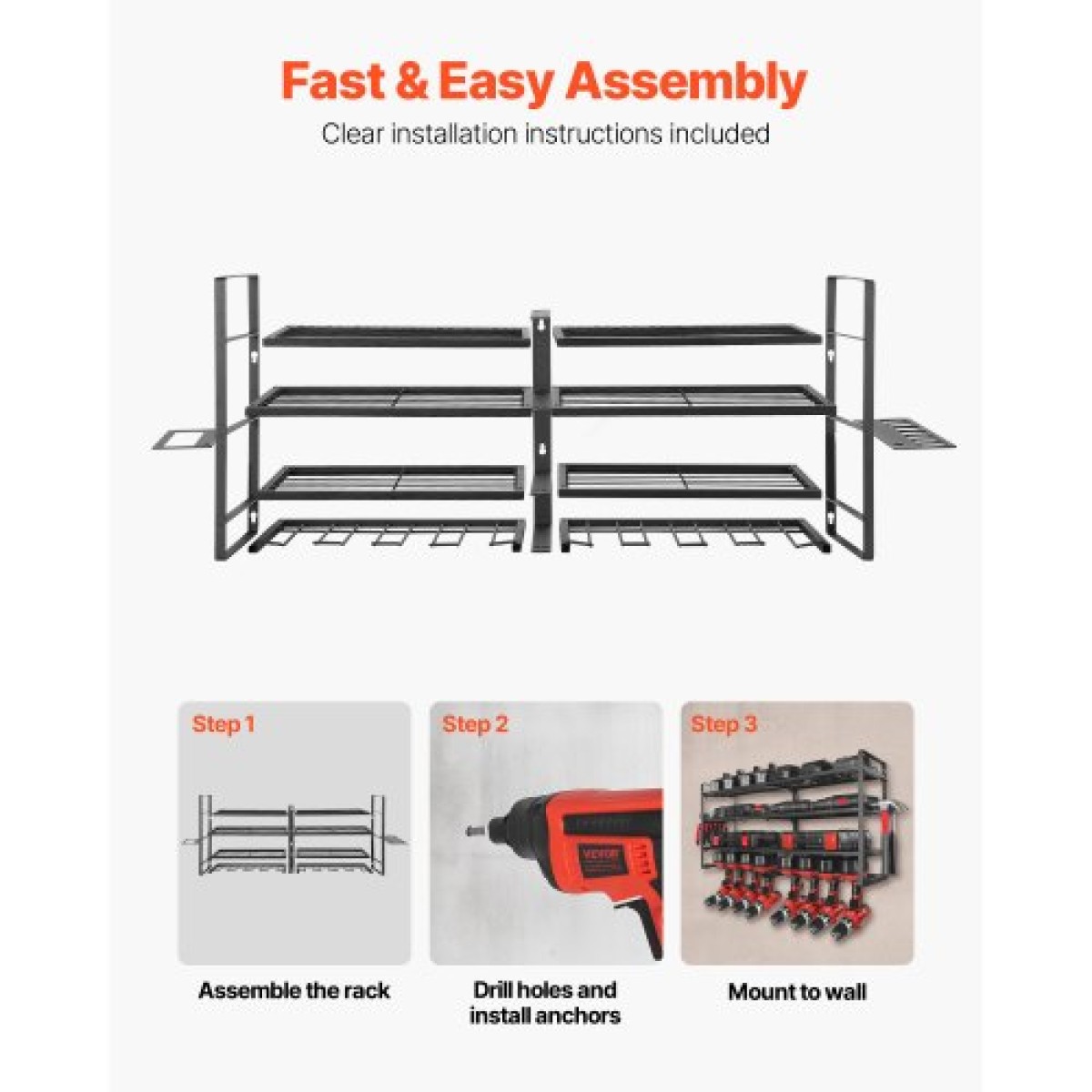 VEVOR Power Tool Organizer Βάση τοίχου, ράφι αποθήκευσης 4 επιπέδων με 8 θήκες για τρυπάνια, βάση εργαλείων και θήκη αποθήκευσης με κατσαβίδι, οργάνωση εργαλείων γκαράζ για γκαράζ, πάγκο εργασίας και εργαστήριο