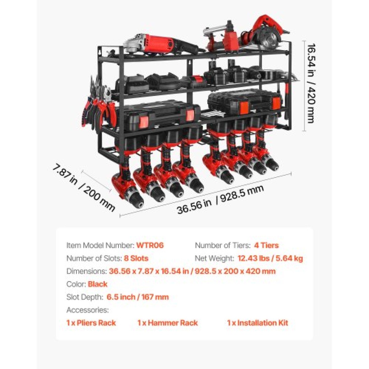 VEVOR Power Tool Organizer Βάση τοίχου, ράφι αποθήκευσης 4 επιπέδων με 8 θήκες για τρυπάνια, βάση εργαλείων και θήκη αποθήκευσης με κατσαβίδι, οργάνωση εργαλείων γκαράζ για γκαράζ, πάγκο εργασίας και εργαστήριο
