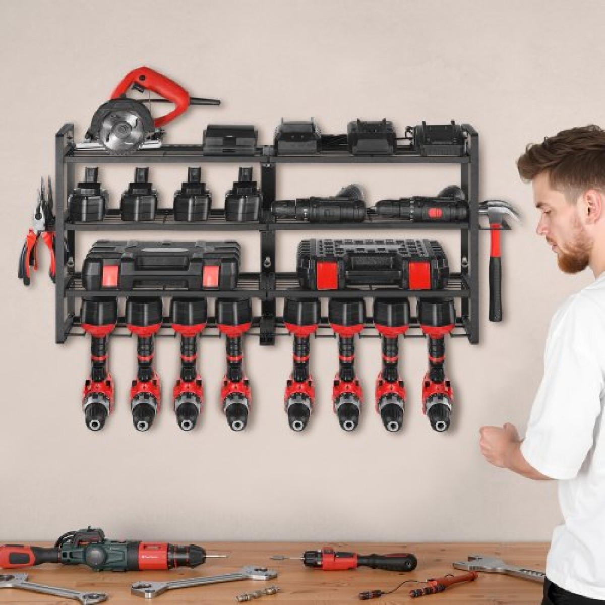 VEVOR Power Tool Organizer Βάση τοίχου, ράφι αποθήκευσης 4 επιπέδων με 8 θήκες για τρυπάνια, βάση εργαλείων και θήκη αποθήκευσης με κατσαβίδι, οργάνωση εργαλείων γκαράζ για γκαράζ, πάγκο εργασίας και εργαστήριο