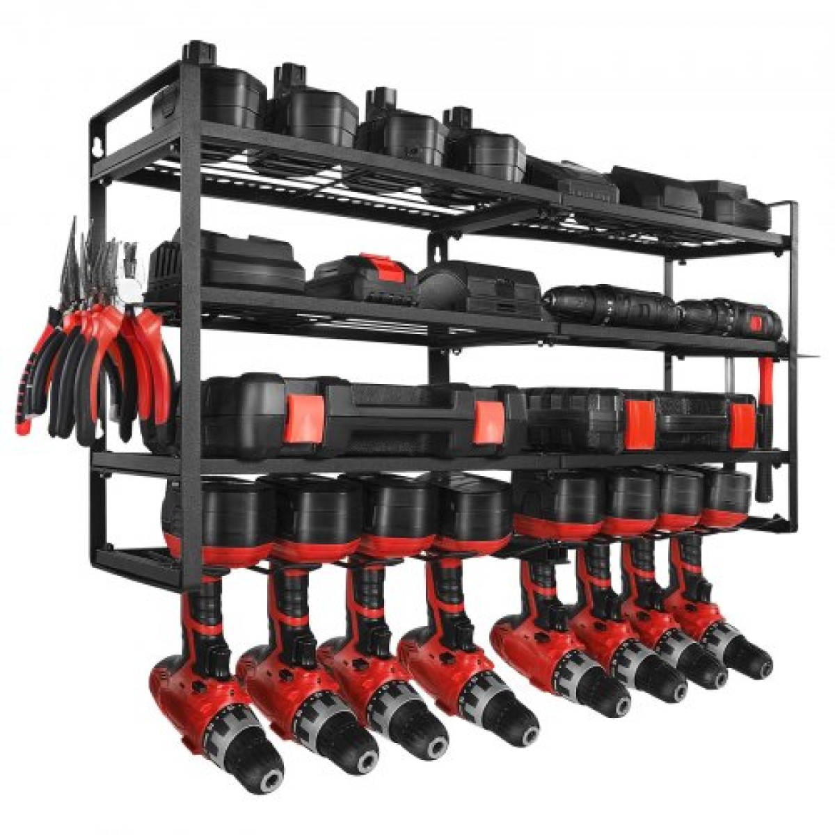 VEVOR Power Tool Organizer Βάση τοίχου, ράφι αποθήκευσης 4 επιπέδων με 8 θήκες για τρυπάνια, βάση εργαλείων και θήκη αποθήκευσης με κατσαβίδι, οργάνωση εργαλείων γκαράζ για γκαράζ, πάγκο εργασίας και εργαστήριο