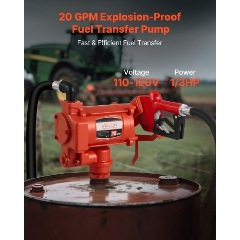 Αντλία μεταφοράς καυσίμου VEVOR 230V, 20 GPM 76 L/min, AC Electric Oil Transfer Pump, με αυτόματο κλείσιμο ακροφύσιο καυσίμου & σωλήνα εκκένωσης, κιτ υψηλής ροής για μείγματα βενζίνης, ντίζελ, κηροζίνης, βιοντίζελ, αιθανόλης