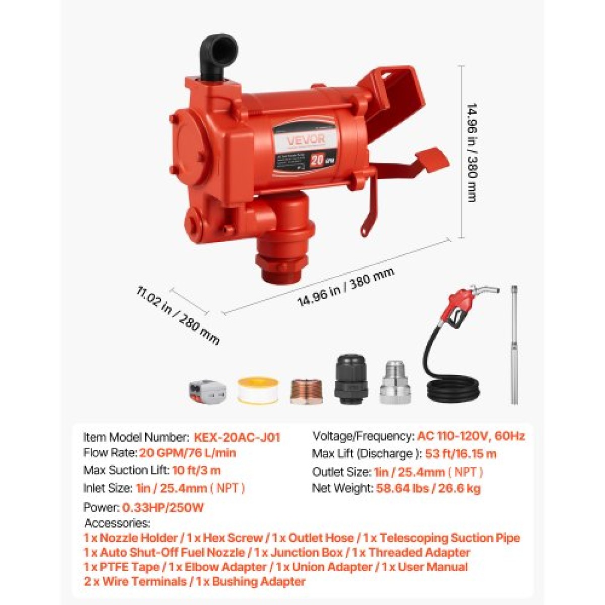 Αντλία μεταφοράς καυσίμου VEVOR 230V, 20 GPM 76 L/min, AC Electric Oil Transfer Pump, με αυτόματο κλείσιμο ακροφύσιο καυσίμου & σωλήνα εκκένωσης, κιτ υψηλής ροής για μείγματα βενζίνης, ντίζελ, κηροζίνης, βιοντίζελ, αιθανόλης