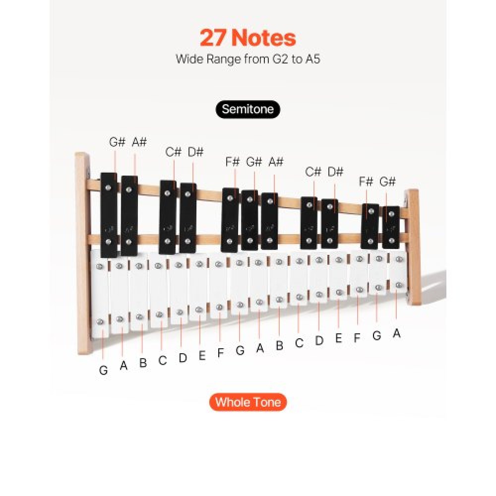 Ξυλόφωνο VEVOR Glockenspiel, 27 νότες, Επαγγελματικό όργανο κρουστών ξυλόφωνου, με μεταλλικά πλήκτρα, περιλαμβάνει 4 σφυρί, τσάντα μεταφοράς, μουσικό όργανο αρχαρίων για ενήλικες και παιδιά διδασκαλία μουσικής