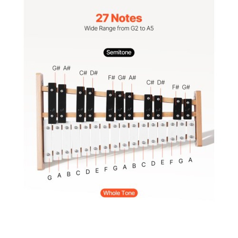 Ξυλόφωνο VEVOR Glockenspiel, 27 νότες, Επαγγελματικό όργανο κρουστών ξυλόφωνου, με μεταλλικά πλήκτρα, περιλαμβάνει 4 σφυρί, τσάντα μεταφοράς, μουσικό όργανο αρχαρίων για ενήλικες και παιδιά διδασκαλία μουσικής