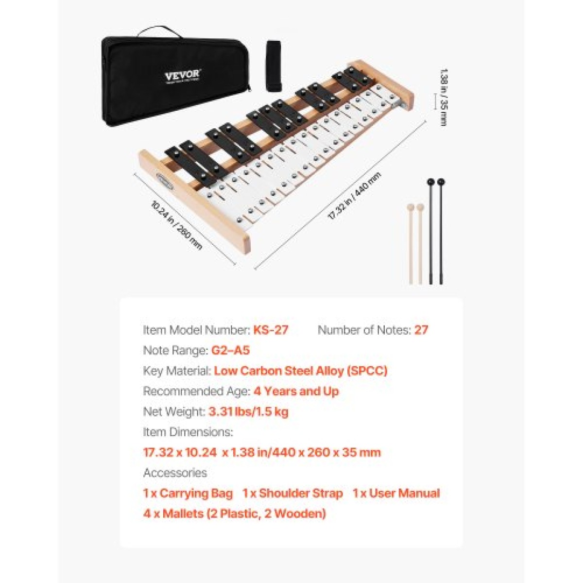Ξυλόφωνο VEVOR Glockenspiel, 27 νότες, Επαγγελματικό όργανο κρουστών ξυλόφωνου, με μεταλλικά πλήκτρα, περιλαμβάνει 4 σφυρί, τσάντα μεταφοράς, μουσικό όργανο αρχαρίων για ενήλικες και παιδιά διδασκαλία μουσικής