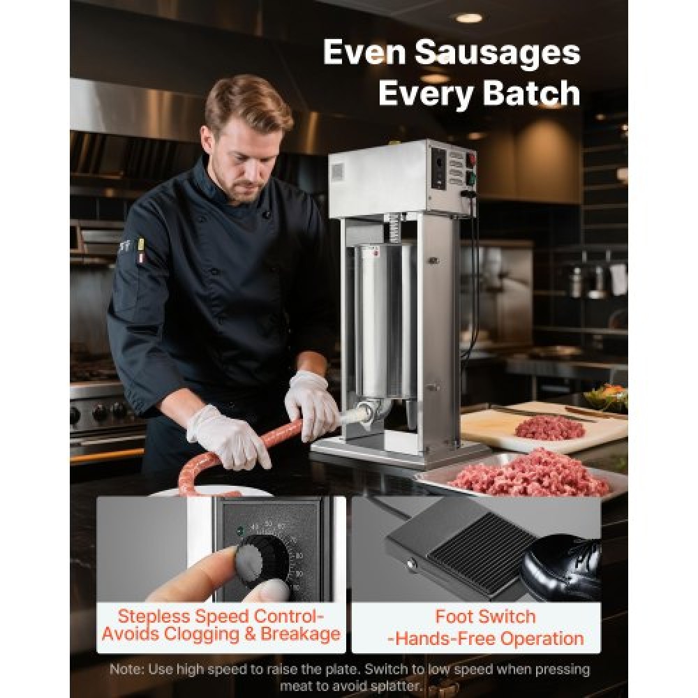 VEVOR Electric Sausage Stuffer, 33 LBS / 15 L Vertical Meat Stuffer, Stepless Speed Control and Foot Pedal, Stainless Steel Heavy Duty Sausage Filler with 4 Stuffing Tubes, for Commercial & Home Use