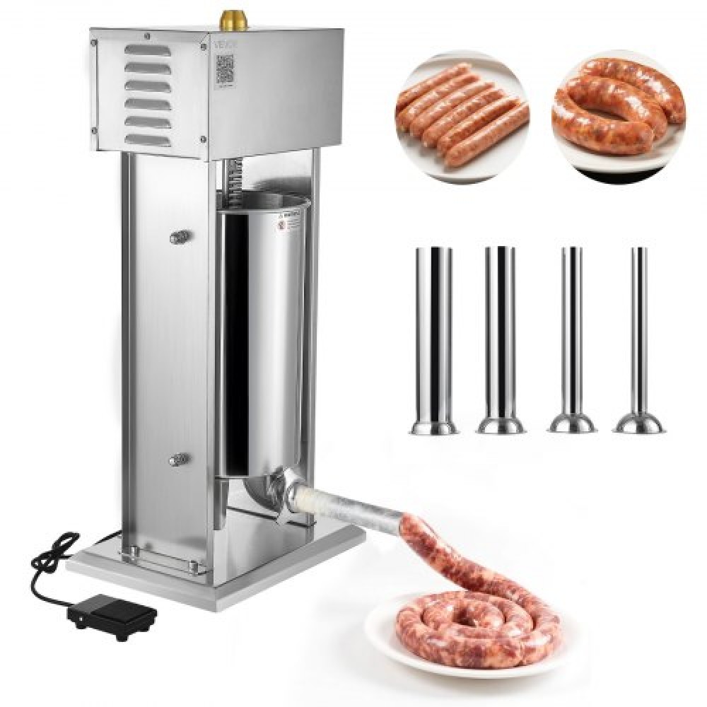 VEVOR Electric Sausage Stuffer, 33 LBS / 15 L Vertical Meat Stuffer, Stepless Speed Control and Foot Pedal, Stainless Steel Heavy Duty Sausage Filler with 4 Stuffing Tubes, for Commercial & Home Use