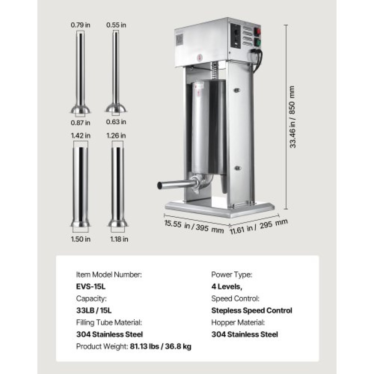 VEVOR Electric Sausage Stuffer, 33 LBS / 15 L Vertical Meat Stuff, Stepless Speed ​​Control and Foot Pedal, Inox Heavy Duty Γεμιστικό Λουκάνικου με 4 Σωλήνες Γέμισης, για Εμπορική & Οικιακή χρήση