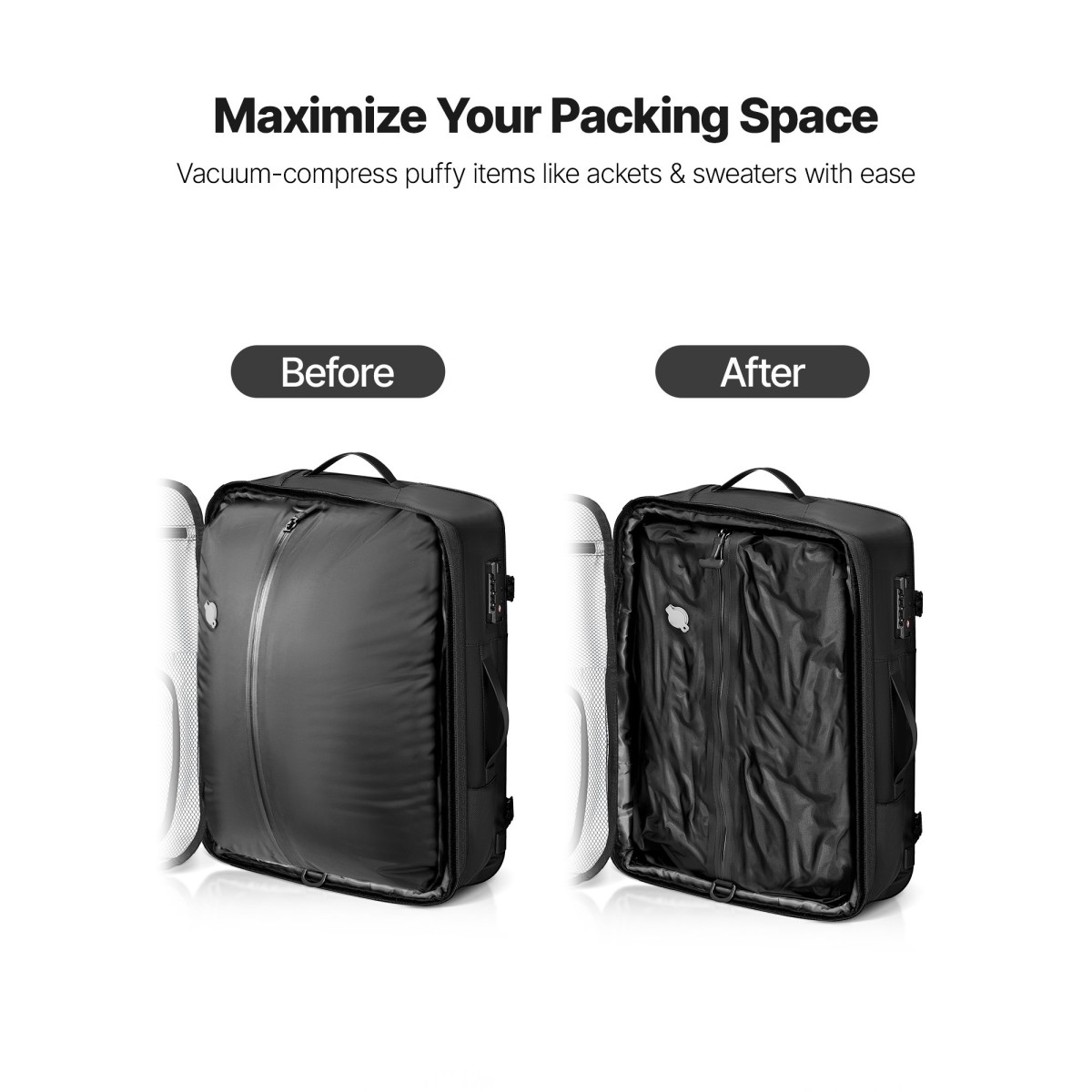 VEVOR Vacuum Travel Backpack, 80L, Επεκτάσιμο Σακίδιο Ταξιδίου συμπίεσης Vacuum Seal με αντλία, με κλειδαριά εγκεκριμένη από TSA, Airback Vacpack, Αδιάβροχη χειραποσκευή, για επαγγελματικούς λόγους, Μαύρο