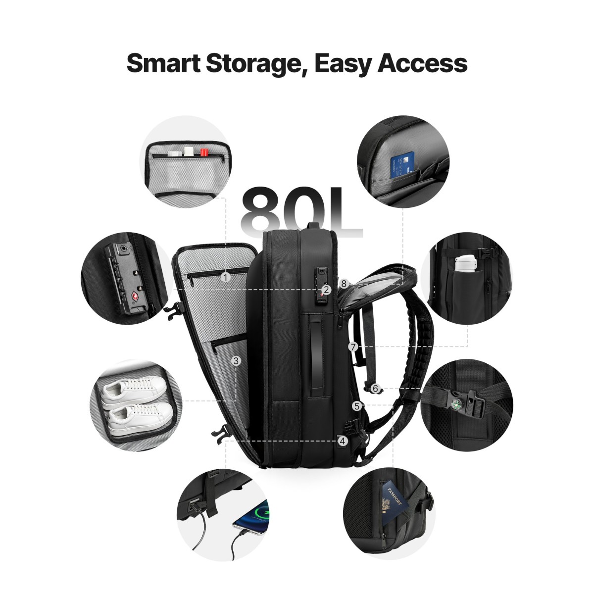 VEVOR Vacuum Travel Backpack, 80L, Επεκτάσιμο Σακίδιο Ταξιδίου συμπίεσης Vacuum Seal με αντλία, με κλειδαριά εγκεκριμένη από TSA, Airback Vacpack, Αδιάβροχη χειραποσκευή, για επαγγελματικούς λόγους, Μαύρο