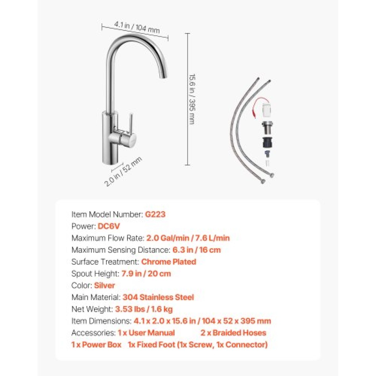 Βρύση νεροχύτη VEVOR Touchless Kitchen Bar, βρύση μπάνιου με αυτόματο αισθητήρα κίνησης μονής λαβής, ευέλικτο περιστρεφόμενο μίξερ κρύου ζεστού νερού Hands-free για σωλήνα 9,5 mm, επιχρωμιωμένο ασήμι