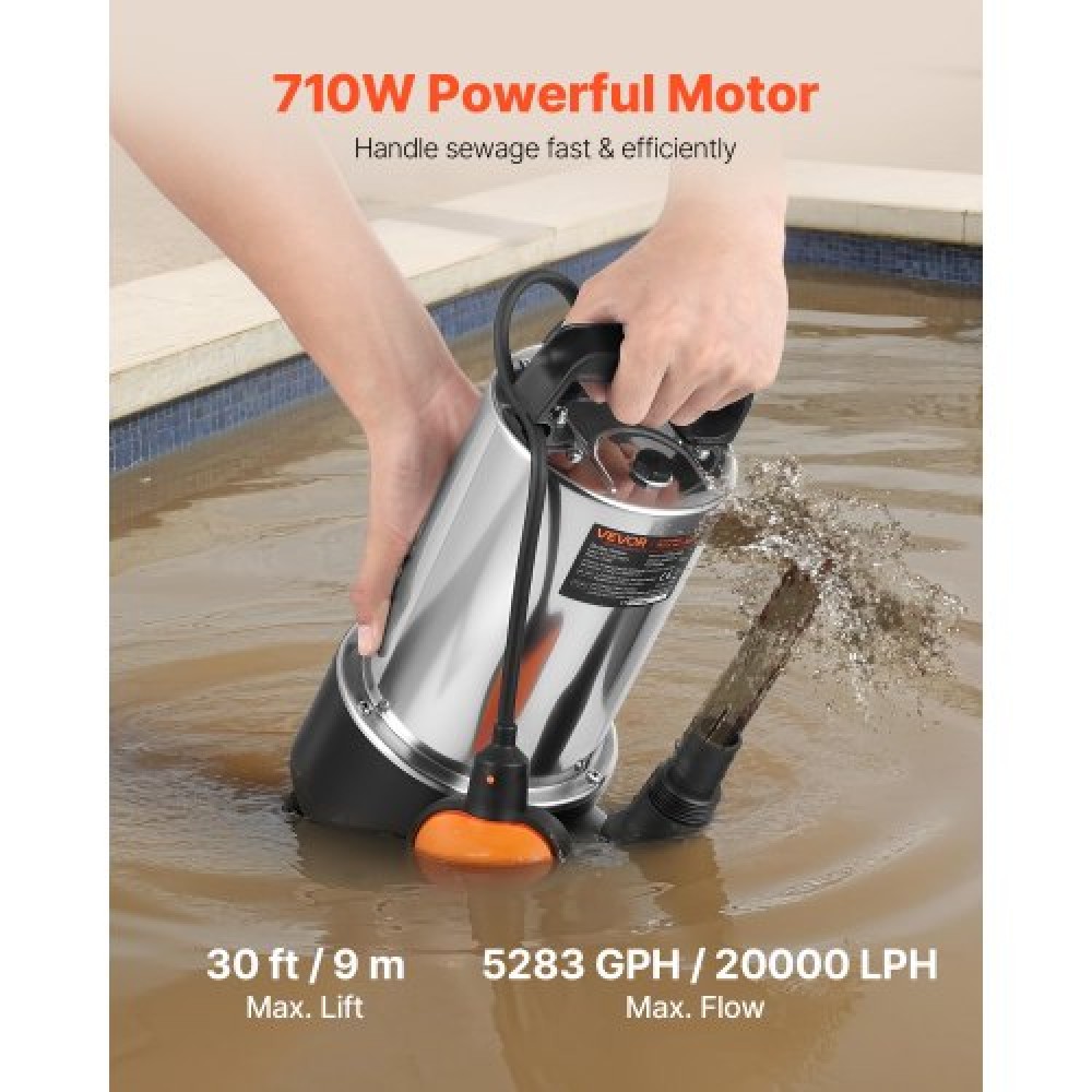 VEVOR 710W Υποβρύχια αντλία κάρτερ, 20000 L/H, Ανοξείδωτη υποβρύχια αντλία λυμάτων βρώμικου καθαρού νερού με αυτόματο διακόπτη πλωτήρα, μακρύ καλώδιο, 9M Max Lift, για πισίνες, κήπο, λίμνη, πλημμυρισμένες περιοχές